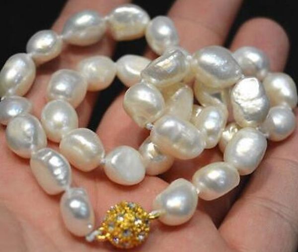 

new 10mm white irregular baroque pearl necklace gold clacp, Silver