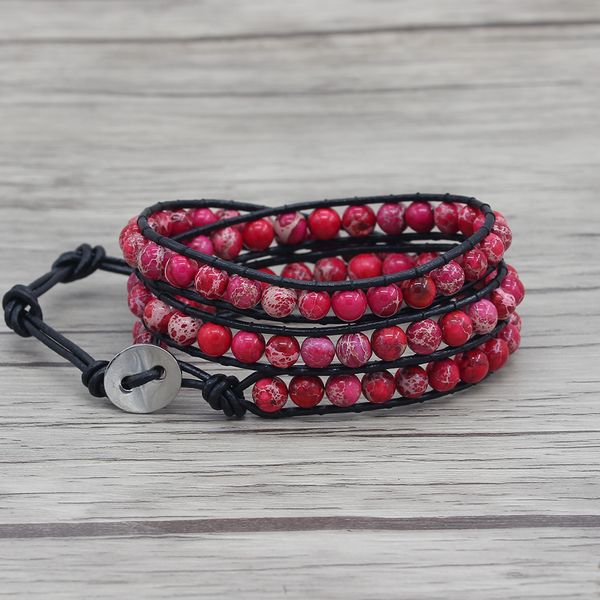 

rose red beads bracelet 3 wraps beaded bracelet leather wraps rose red beads yoga jewelry bohemian sropshipping, Golden;silver