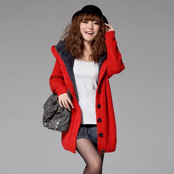 

korean women's sweaters 2018 winter new fashion plus velvet thick wool clothing female big yards long loose cardigans 7495, White;black