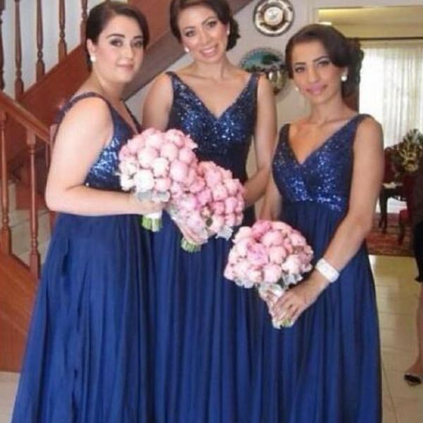 2018 дешевые темно-синий платья невесты блестящие блестки V шеи рукавов шифон длинные платья выпускного вечера элегантный фрейлина платья на заказ