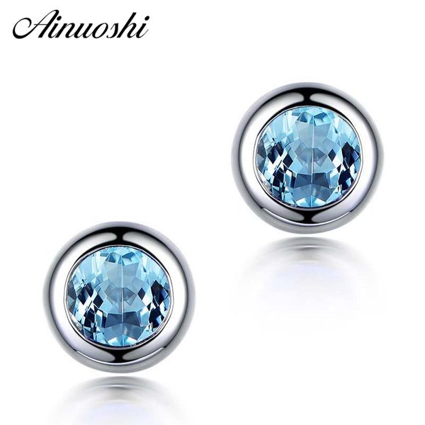 

ainuoshi natural blue z stud earring bezel setting 1 carat round cut blue gems silver pierced earring gift for women jewelry, Golden;silver