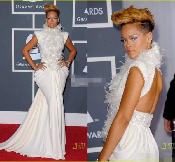 

Elegant Rihanna on Grammy Red Carpet Dresses Evening Wear Mermaid Backless High Neck Feather Sequins Cap Sleeves Celebrity Prom Dresses