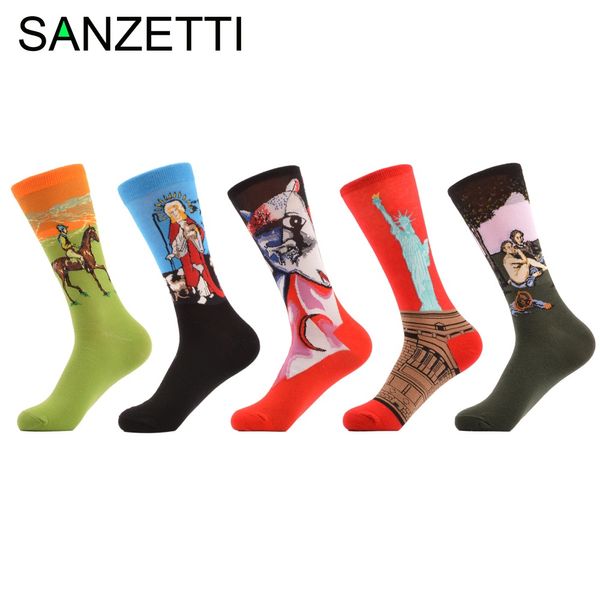 

wholesale- sanzetti 5 pairs/lot men's funny combed cotton socks jesus oil painting casual crew socks fashion winter dress socks for gif, Black