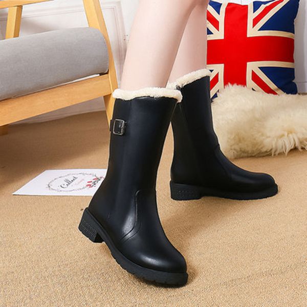 

warm plush winter snow boots fashion buckles women shoes woman mid-calf boots leisure women square heelleather, Black