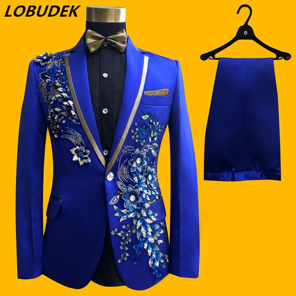 (Jaqueta + calça + gravata + cinto) terno masculino noivo festa de formatura de casamento lantejoulas vermelho preto instrumento fino trajes blazers Applique flor formal roupas