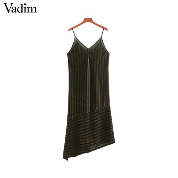 

vadim women v neck striped midi dress spaghetti straps sleeveless female casual asymmetrical dresses vestidos qa570, White;black