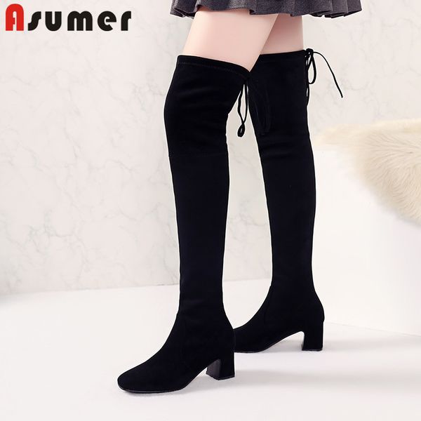 

asumer 2019 autumn winter new over the knee boots women square toe cross tied high heels shoes elegant elastic thigh high boots, Black