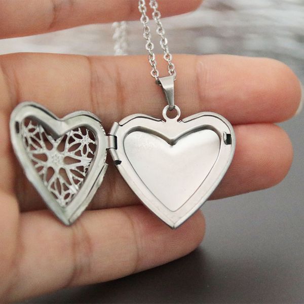 

1pc cut heart pendant necklace stainless steel simple love locket necklaces women kids fashion memorial jewelry, Silver