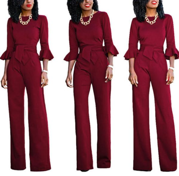 

womens work long sleeve jumpsuits butterfly sleeve slim romper round neck with blet wide leg long playsuits new, Black;white