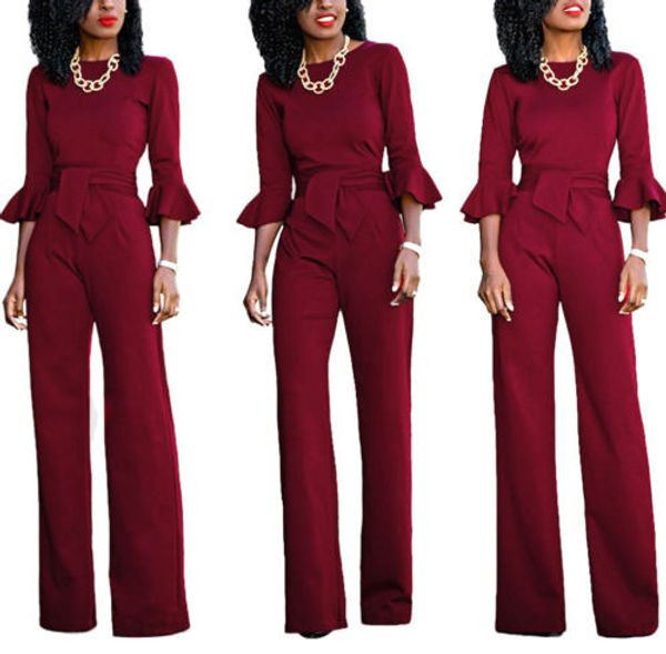 Womens OL Work Long Sleeve Jumpsuits Butterfly Sleeve Slim Romper Round Neck With Blet Wide Leg Long Playsuits New