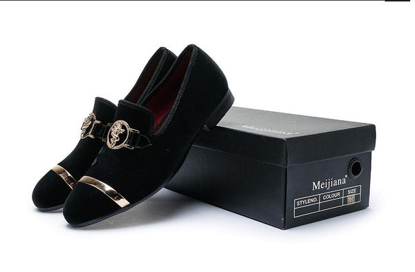 

luxury designer gold men's vulcanization shoes fashion wedding loafers ffice blue color velvet casual dress solid sneakers, Black