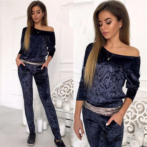 

spandex velvet suit women casual tracksuit off shoulder two piece set spring long sleeve women 2 piece set and pants, Gray