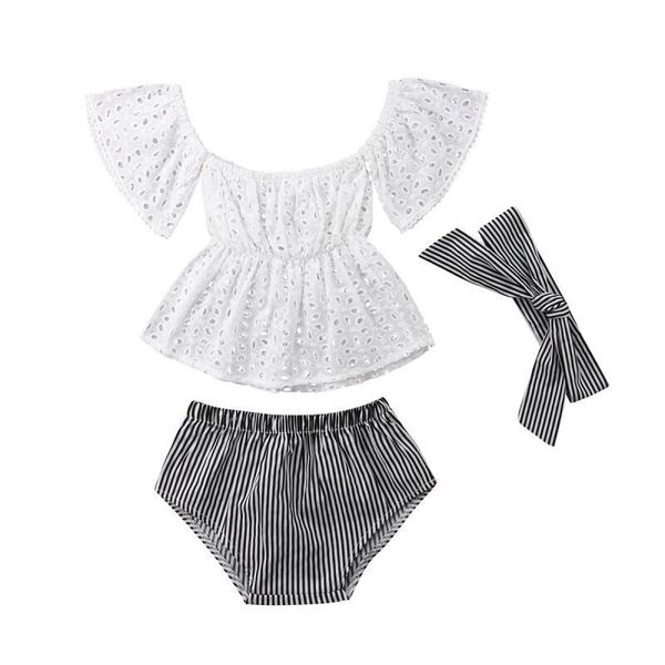 Neugeborenes Baby-Kleidungsset, Spitze, Blumenmuster, schulterfrei, aushöhlen, Tops, Bluse, Streifen, Shorts, Stirnband, 3-teiliges Sommer-Outfit für Kleinkinder, 0–24 Monate