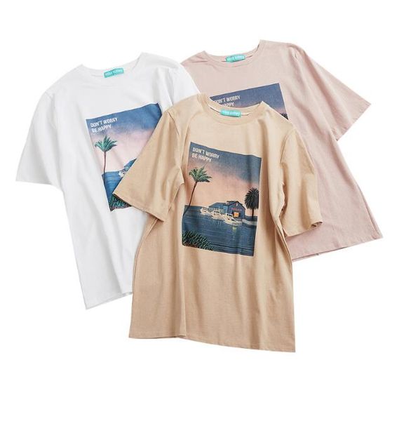 

2018 summer new vintage print loose short sleeve t-shirt, White