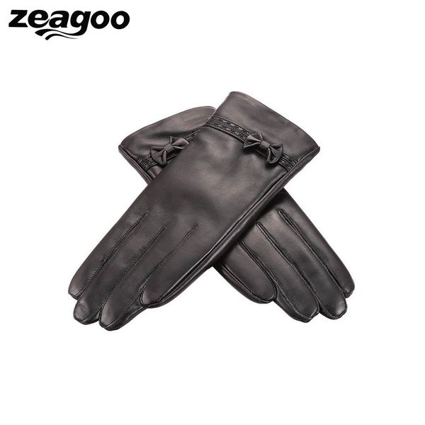

genuine sheepskin leather winter fleece lining gloves with bow-knot for women full finger solid touch screen mittens, Blue;gray