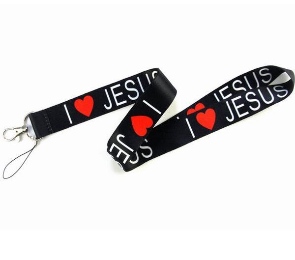 Бесплатный DHL I Love JESUS Styles Шейный ремешок для MP3 / 4 Сотовый телефон ID Card Key Chain Straps Black Fashion