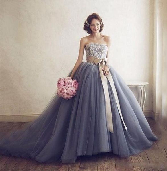 

Strapless Lace Ball Gown Wedding Dresses Floor Length Ruched Cheap Wedding Gowns with Champagne Satin Sash Gray Ruched Tulle Bridal Gown