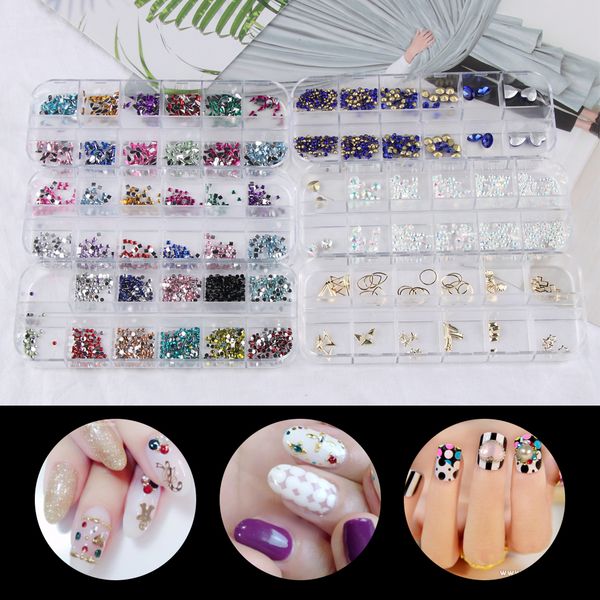 

1 box new crystal rhinestone mixed shape 3d nail art punk decor metallic jewelry glitters diy metal alloy manicure accessories, Silver;gold