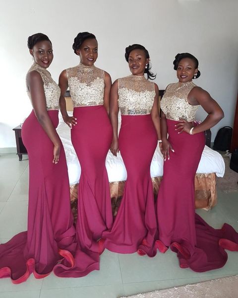 

african nigerian black girls mermaid bridesmaid dresses jewel neck lace applique floor length wedding guest formal maid of honor dresses, White;pink