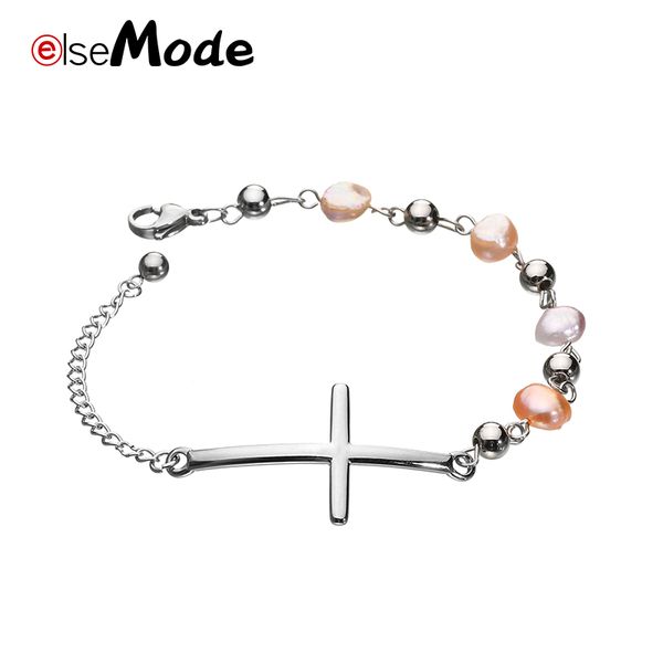 

elsemode romantic sweet cross christian pearl stainless steel chain bracelets for women gift religious charm jewelry accessories, Black
