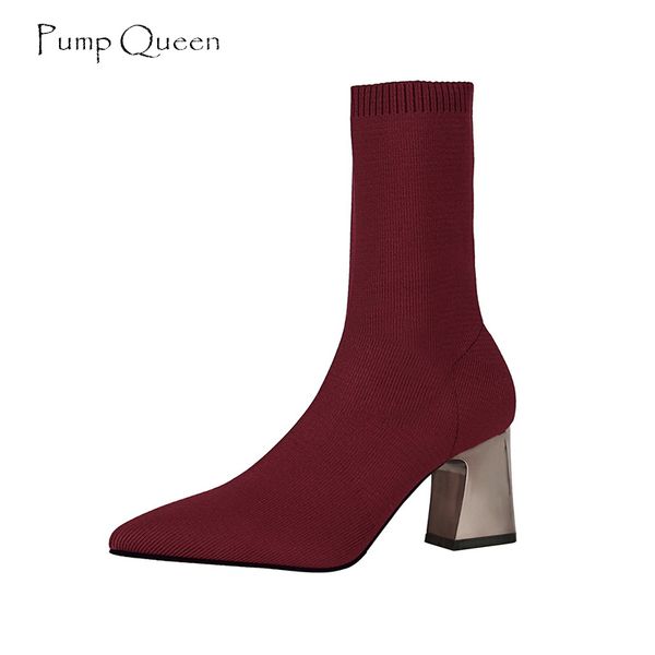 

pumpqueen fashion knitting socks boots women high heels mid calf pointed toe women's boots ladies shoes slip on, Black