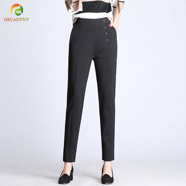 

women pants spring casual harem trousers solid buckle elastic waist office lady pantalones trousers capris plus size s-xxxl, Black;white