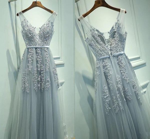 

2019 real silvery prom dresses v neck sleeveless a line floor length appliques lace with beaded soft tulle evening graduation dresses, Black