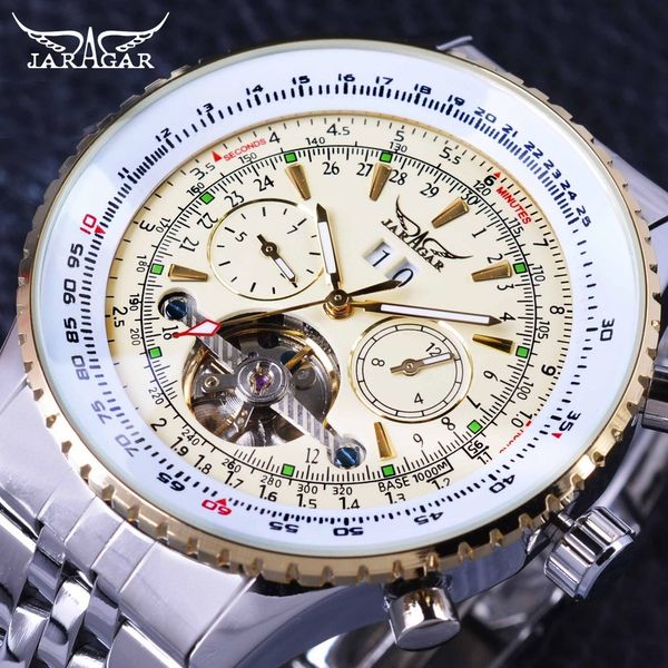 

jaragar aviator series military scale yellow elegant dial tourbillon design mens watches brand luxury automatic wrist watch d18101301, Slivery;brown