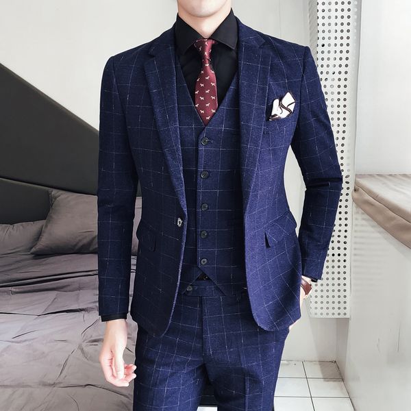 

wedding dress for men formal wear suits men blue grid suit jackets+suit pants+vest slim suits blazers, White;black