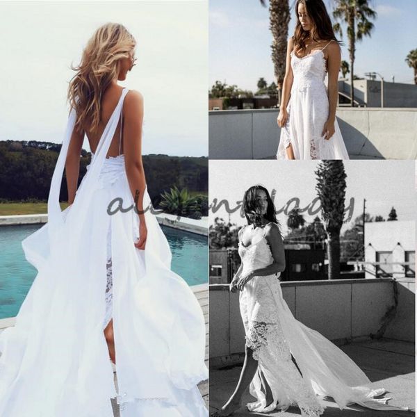 

2018 Beach Greek Goddess Wedding Dresses sexy Slits soft lace bodice with artfully hand-cut lace and drapes of chiffon flowing Bride Gown