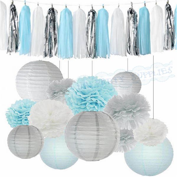 2019 Boy Baby Shower Decoration Kits Light Blue White Tissue Paper