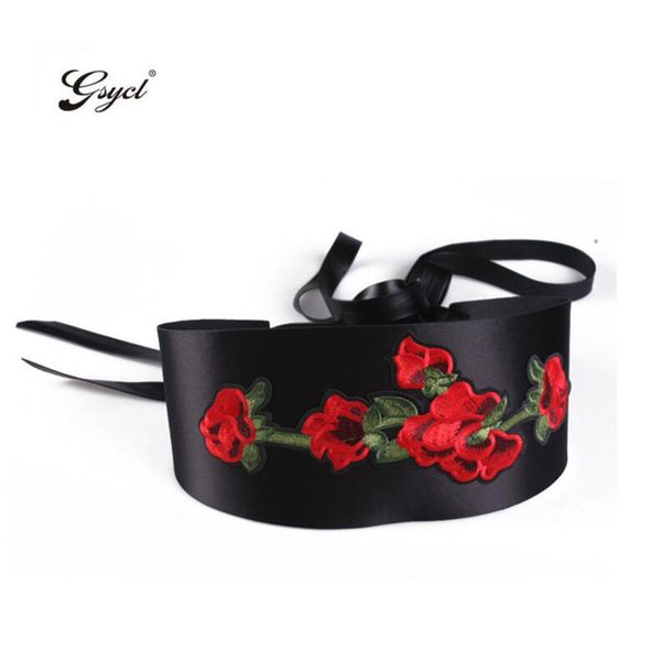 

gsycl] chinese wind embroidered flowers wide belt knot fashion dress female belt folk style girdle red dress for women, Black;brown