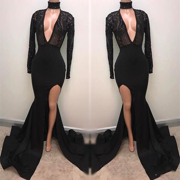 

fabulous fashion black v-neck mermaid prom dresses appliques long sleeves plunging split evening gowns pageant celebrity dress