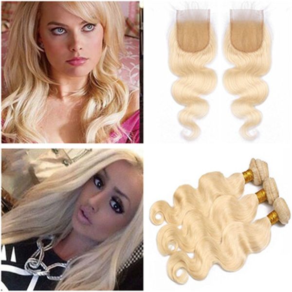 

#613 peruvian blonde human hair weave bundles with closure body wave blonde virgin human hair 3 bundle deals with 4x4 lace closure, Black;brown