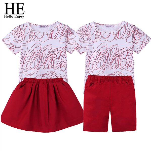 

he hello enjoy family matching clothes big sister brother sets autumn short sleeves graffiti t-shirt+skirt/shorts look outfits, Blue