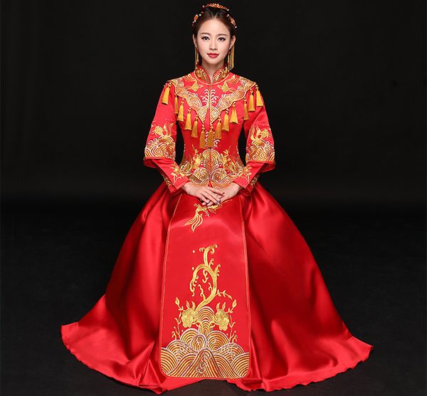 

vintage red embroidery cheongsam modern traditional chinese style wedding dress oriental women's long qipao vestidos size s-xxxl