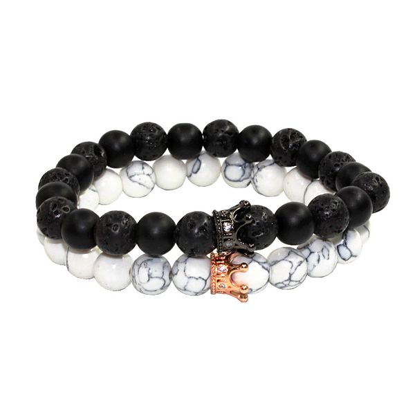

2pieces/lot trendy black white stone beads with copper crown cubic zirconia bracelet for women men couple bangles jewelry