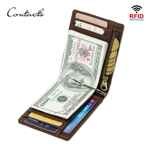 

contact's crazy horse men rfid genuine leather money clip card wallet thin bifold cash clamp casual cash holder man coin purse, Black