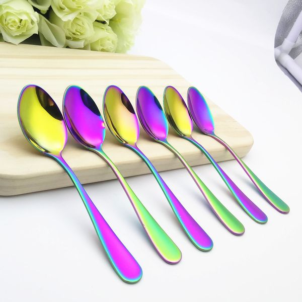 

eco-friendly plating rainbow color stainless steel coffee spoon ice cream dessert teaspoon tableware snack christmas gift 6 pieces /set
