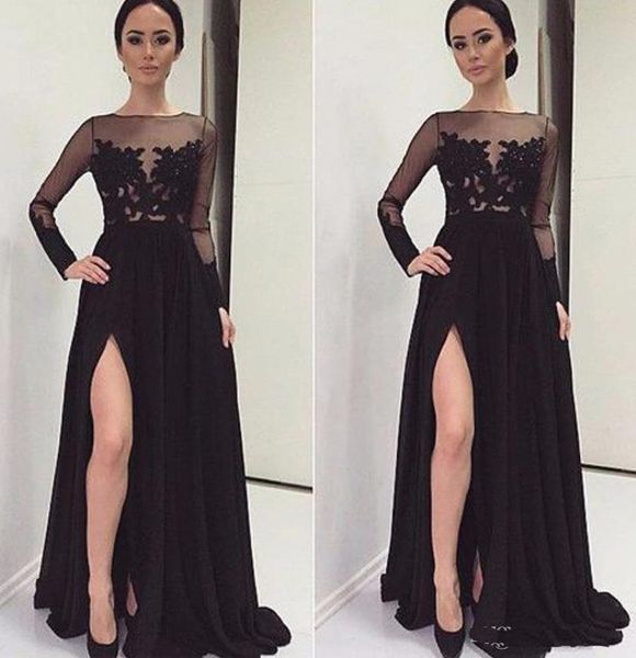 

2017 Sexy See-ThroughBlack Chiffo Элегантный Оскар Щелевая Высокая Длинные Вечерние Платья Иллю