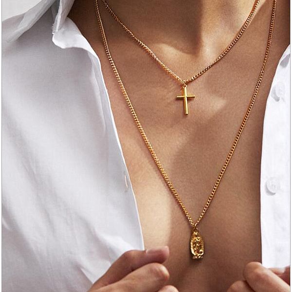 

kiss wife vintage cross virgin mary double chain long necklace pendant gold color women's necklace trendy trend jewelry wholesal, Silver