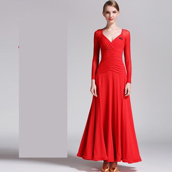 

women lace mesh long sleeve ballroom modern dance costume clothes women standard ballroom dancing dresses 6color for sale, Black;red
