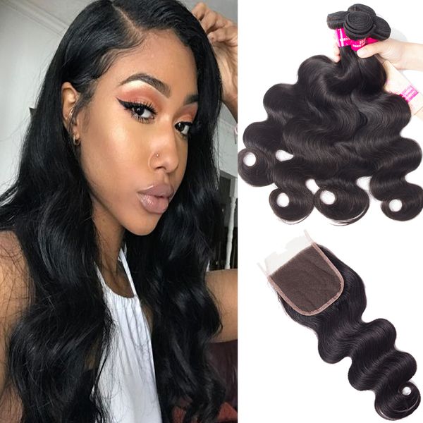 

3 bundles silky straight body wave curly peruvian brazilian virgin hair extensions with 4x4 lace closure unprocessed remy human hair weave, Black;brown