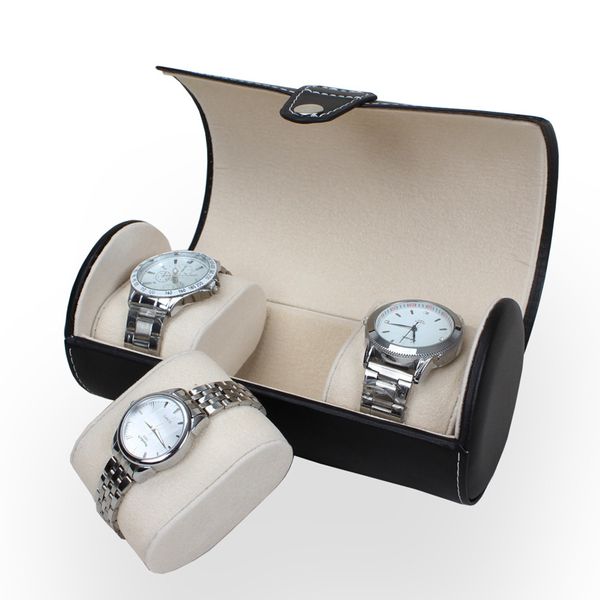 

luxury watch display gift box case roll 3 slot wristwatch necklace bracelet jewelry pu leather box storage travel pouch, Black;blue