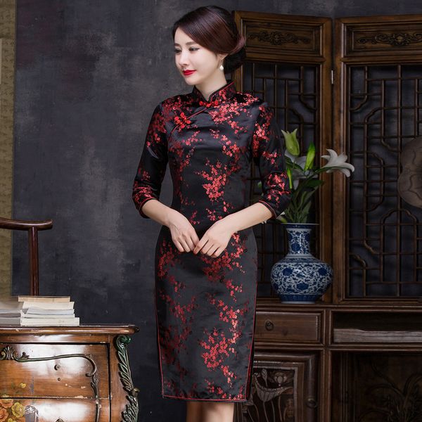 

split black women cheongsam mandarin collar vintage chinese style prom party dress elegant floral slim qipao oversize 3xl, Red
