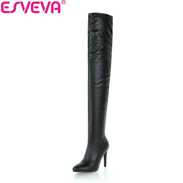 

esveva 2019 women boots zipper high heels over the knee boots solid winter shoes pointed toe thin heels shoes woman size 34-43, Black