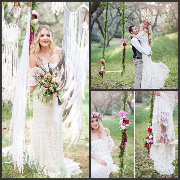 

2018 mermaid bohemia wedding dresses off shoulder full lace applique wedding gowns sweep train half sleeve vintage selling bridal dress, White