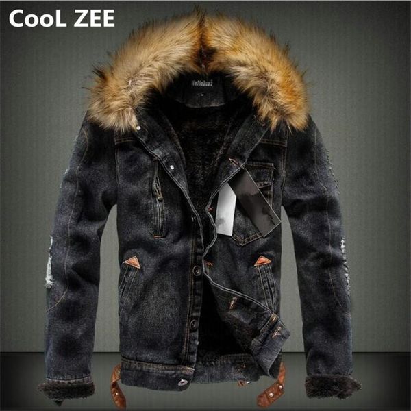 

cool zee 2018 mens denim jacket with fur collar retro ripped fleece jeans jacket and coat for autumn winter s-xxxxl y18103001, Black;brown
