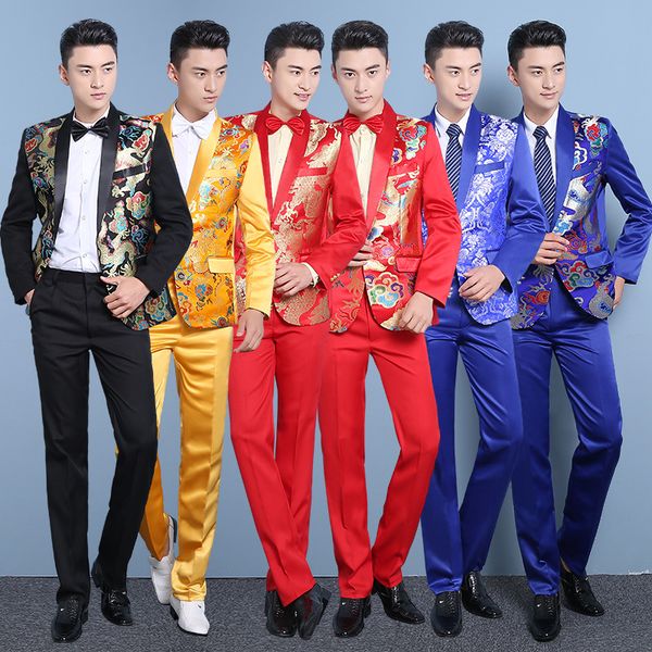 

new autumn and winter groom wedding dress chinese style suit suit men's stage host singer costume dress 2 piece, White;black