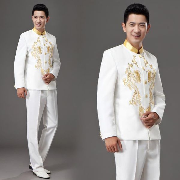 

2018 new clothes performance chorus stage costume retro chinese style host tunic suits coat + pants red white men's unique wear, White;black